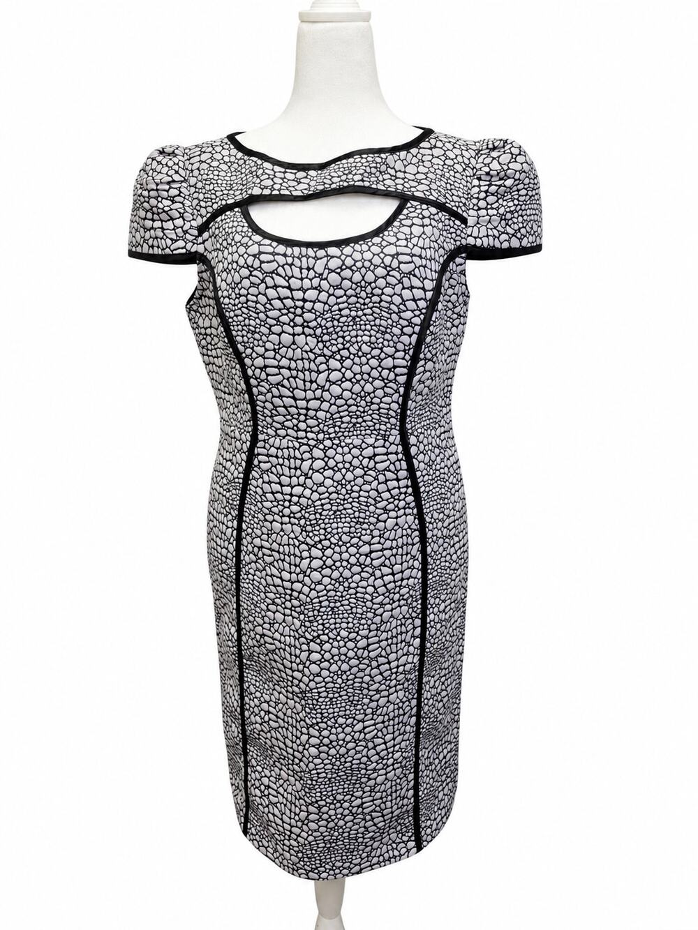 Chancelle Size 10 Black White Bodycon Sheath Dress Cutout Reptile Print